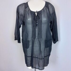 Johnny Was Sheer Top Shirt Blouse Sz S Oversized 3/4 Sleeve Black boho chic EUC